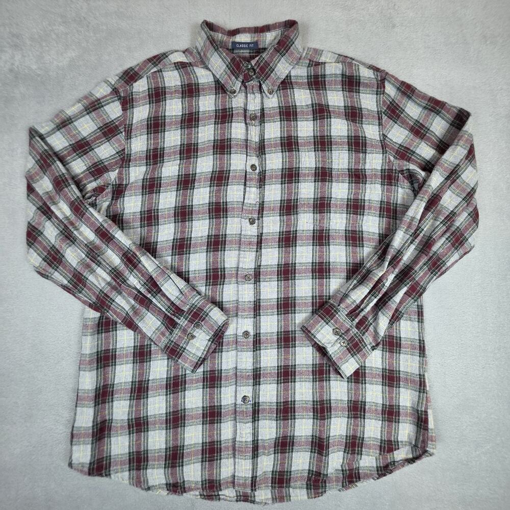 St John's Bay Flannel Shirt Mens Large Gray Burgundy Plaid Button Front Cotton